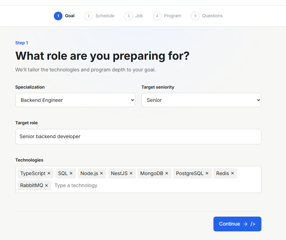 Mentaro preparation goal setup with role, seniority, and technologies