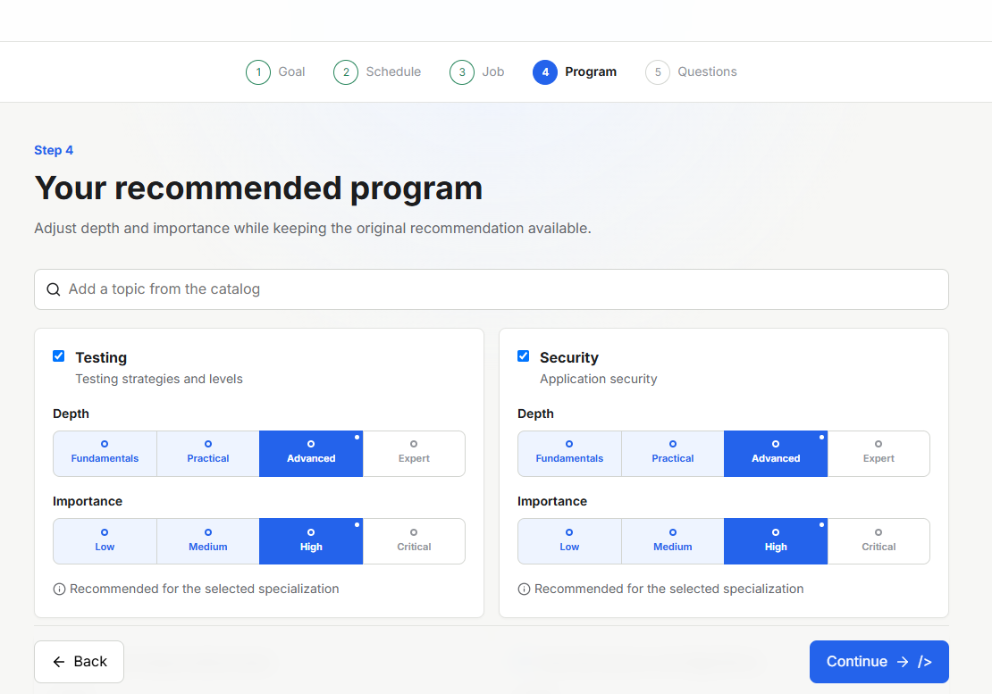 Mentaro personalized program with topic depth and importance controls