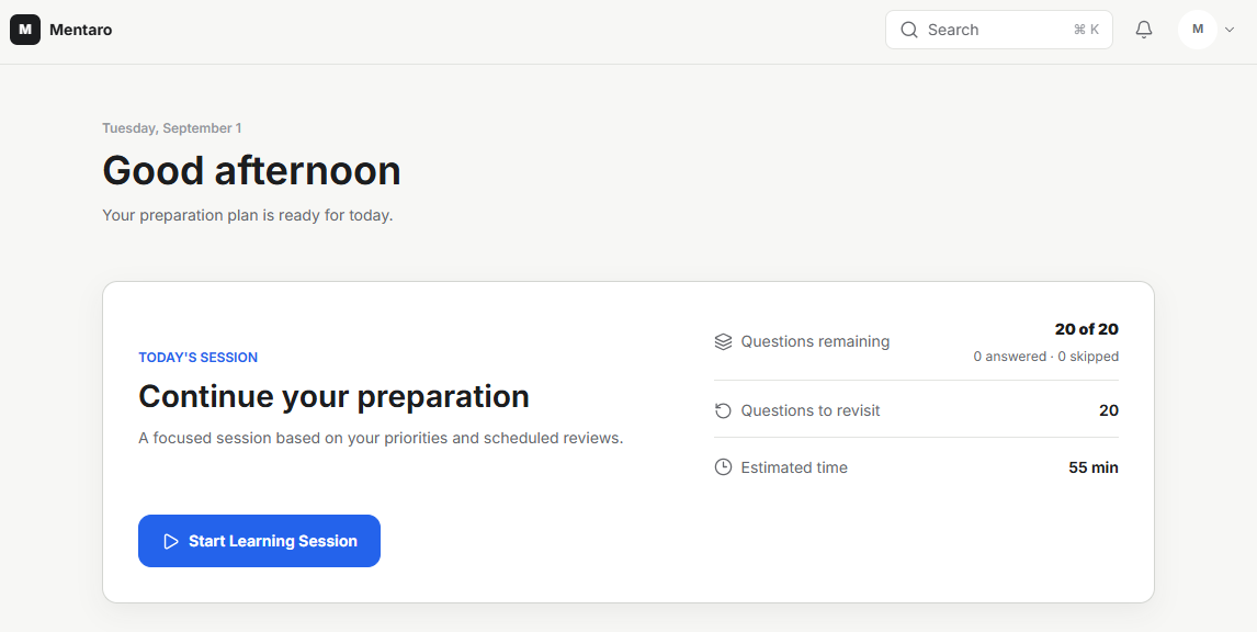 Mentaro daily learning plan with scheduled questions and reviews