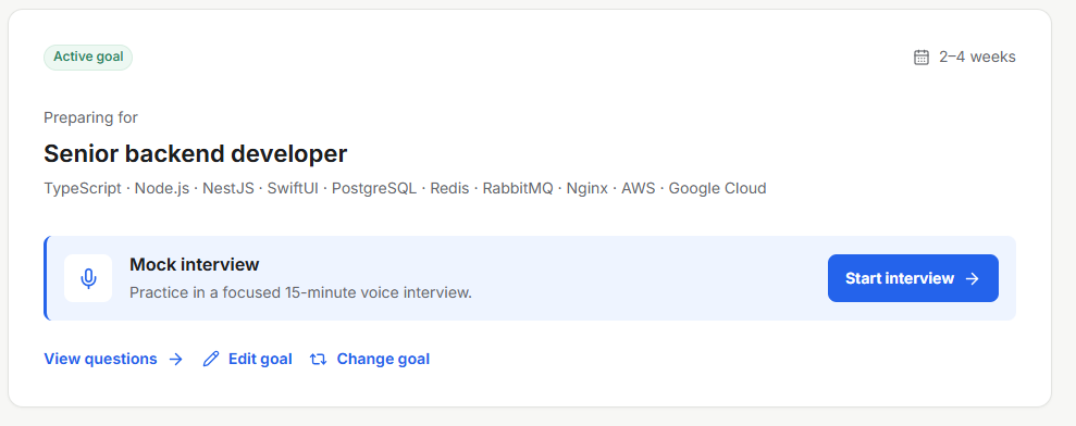 Mentaro active preparation goal for a senior backend developer