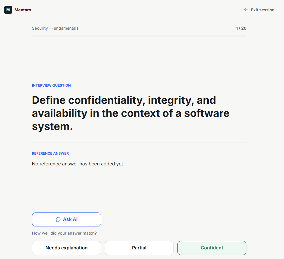 Mentaro learning session with a security question and self-assessment controls