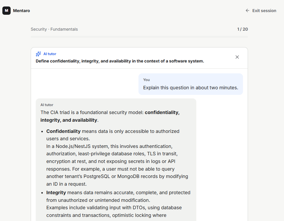 Mentaro AI tutor explaining a software security question